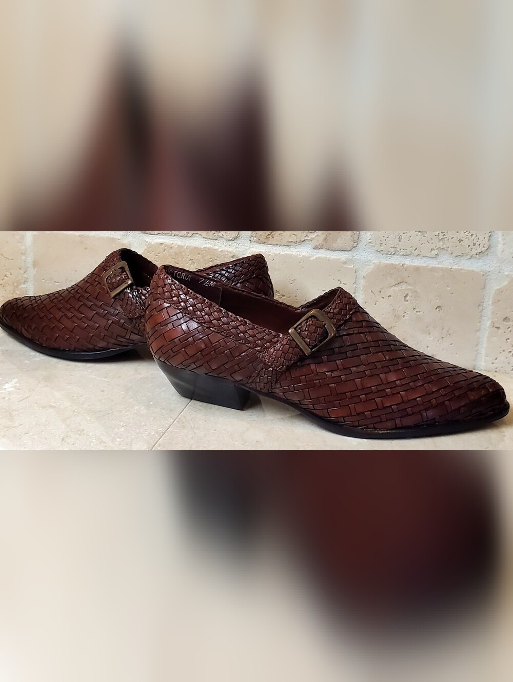 Nicole by Nicole Miller Victoria 7.5M Woven Leather Buckle Mules in Dark Brown - Picture 10 of 13